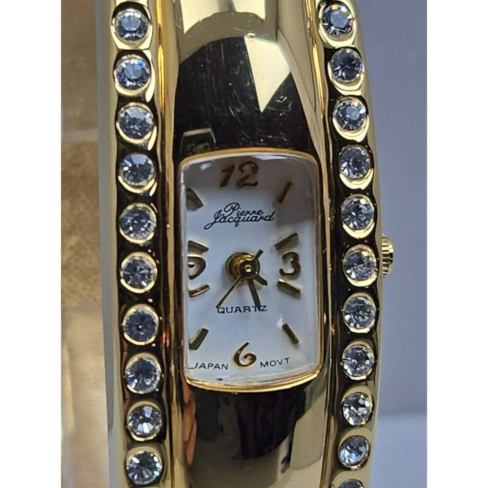 Vintage Pierre Jacquard Womens Gold Rhinestone Cuff Bangle Watch New Battery